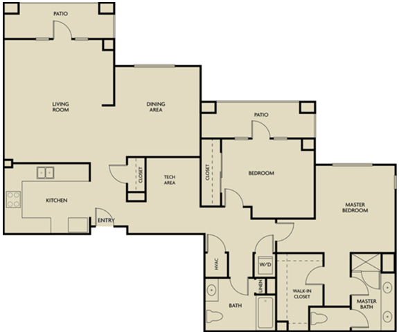 Floor plan for 2 beds, 2 baths, 1495 sqft